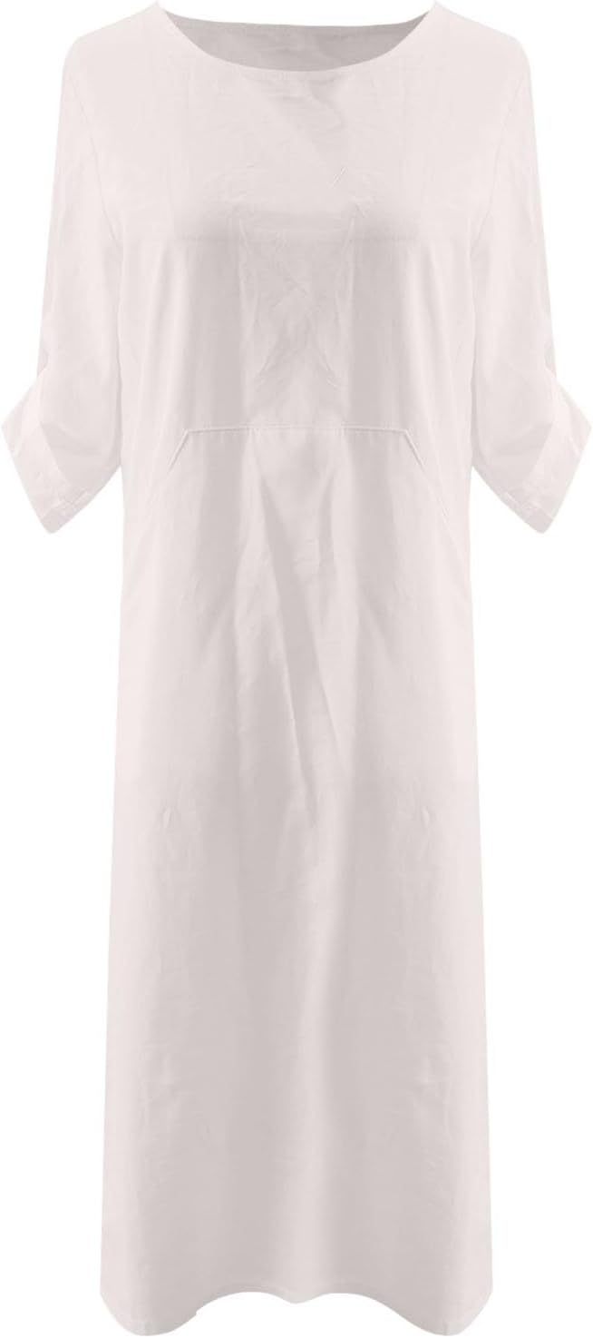 Women's Cotton and Linen Spring and Summer Fashion Solid Color Loose Casual Dress V Neck Dress