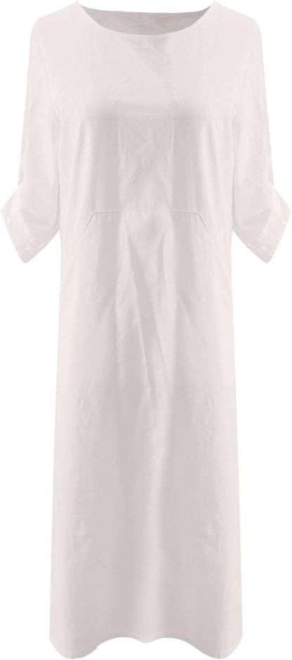 Women's Cotton and Linen Spring and Summer Fashion Solid Color Loose Casual Dress V Neck Dress