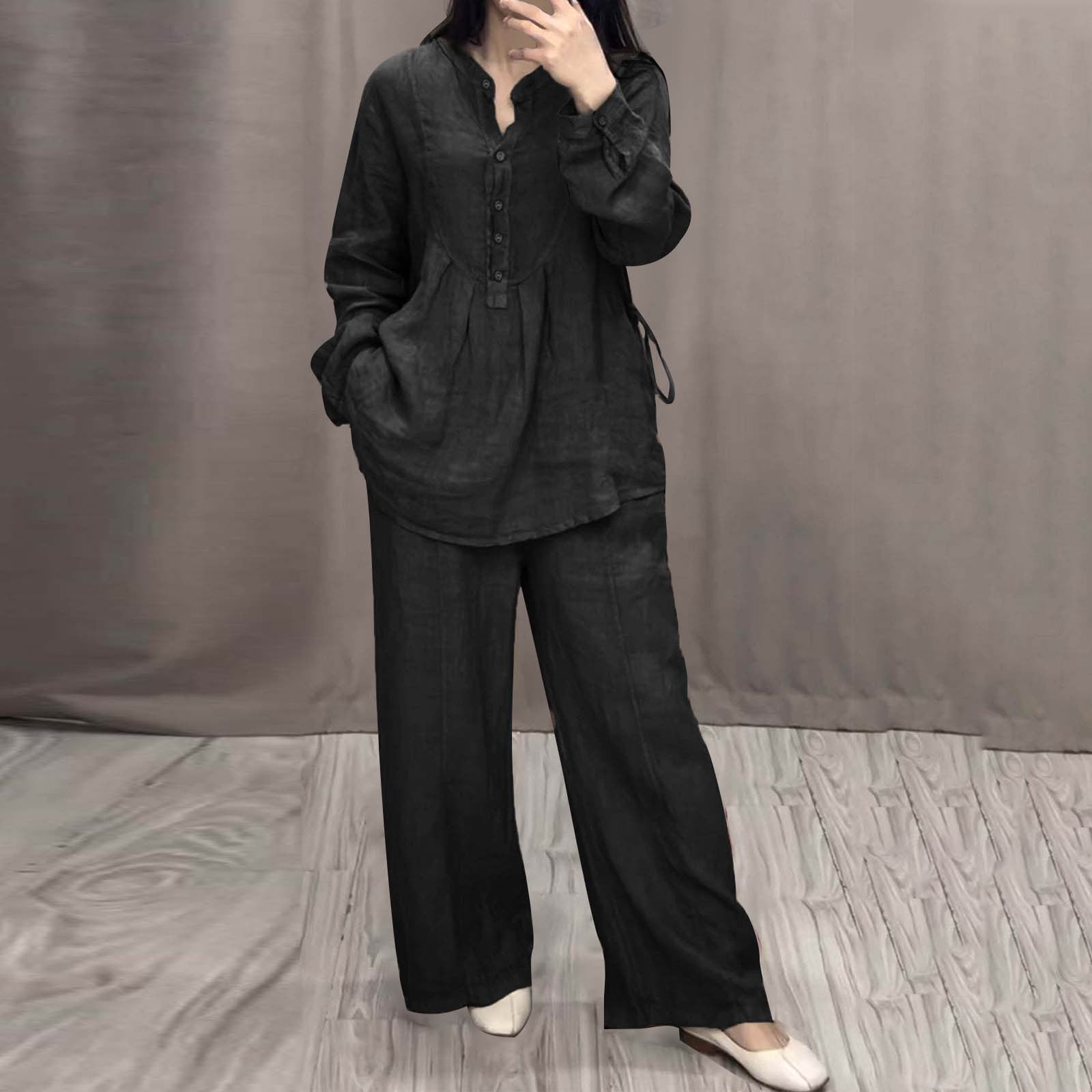 Women's Two Piece Outfits Cotton Linen Pants Sets Casual Long Sleeve Button Down Henley Tops and Pants Lounge Sets Red XXL 12