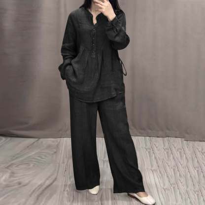 Women's Two Piece Outfits Cotton Linen Pants Sets Casual Long Sleeve Button Down Henley Tops and Pants Lounge Sets Red XXL 12