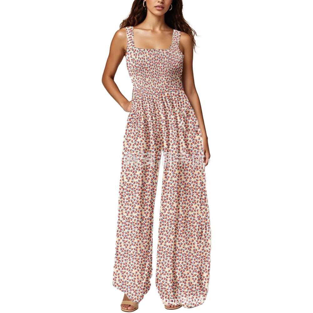 Boho Floral Print Smocked Bodice Wide Leg Jumpsuit