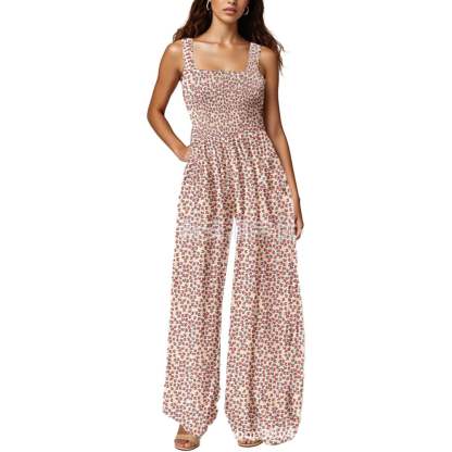 Boho Floral Print Smocked Bodice Wide Leg Jumpsuit