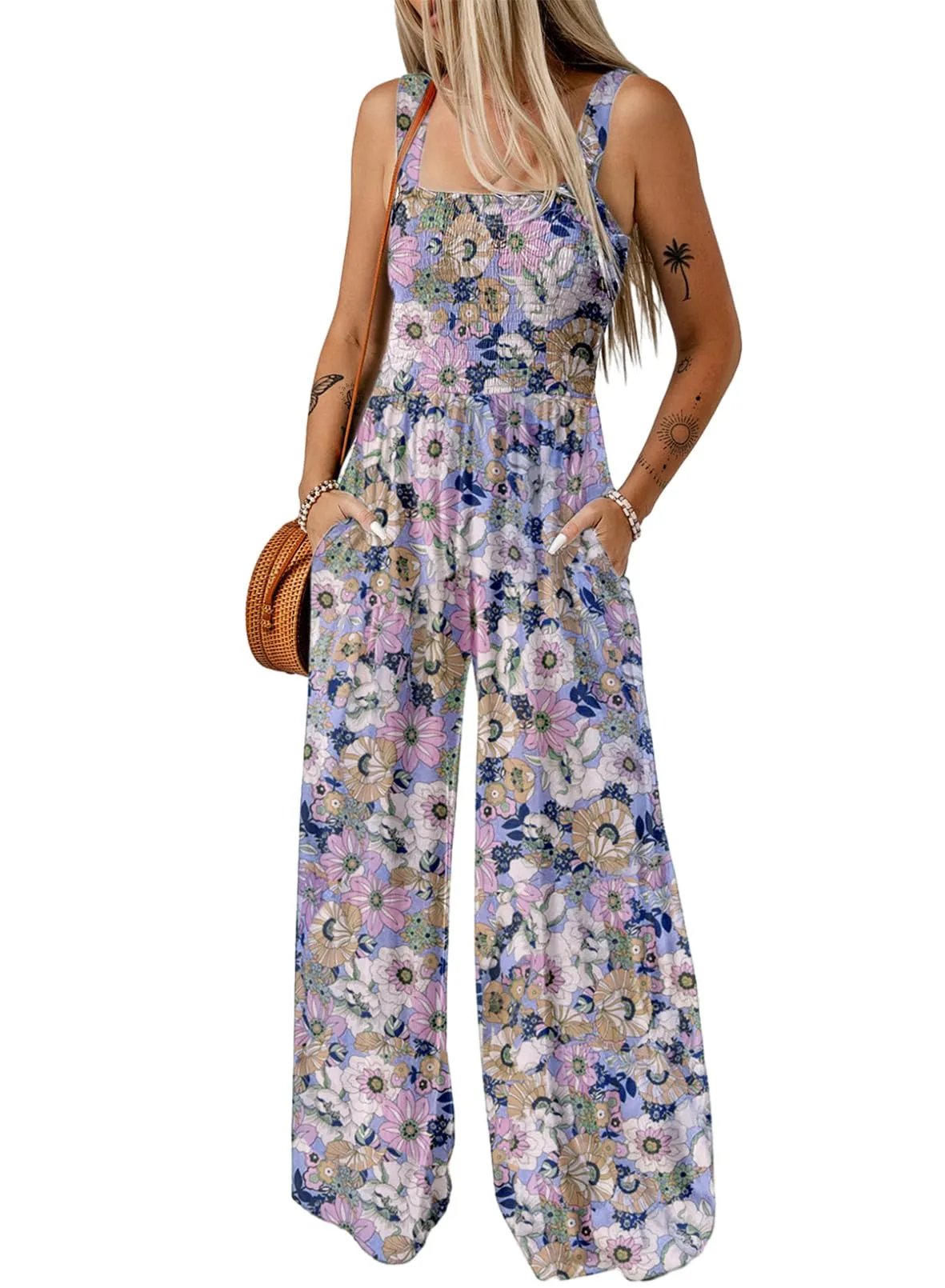 Boho Floral Print Smocked Bodice Wide Leg Jumpsuit
