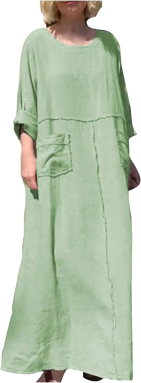 HGps8w Womens Cotton Linen Maxi Dress Loose Crewneck Long Sleeve Solid Long Dresses with Pockets Travel Vacation Outfits