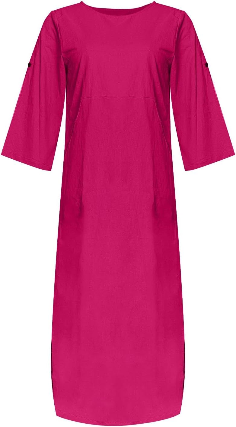 Women's Cotton and Linen Spring and Summer Fashion Solid Color Loose Casual Dress V Neck Dress