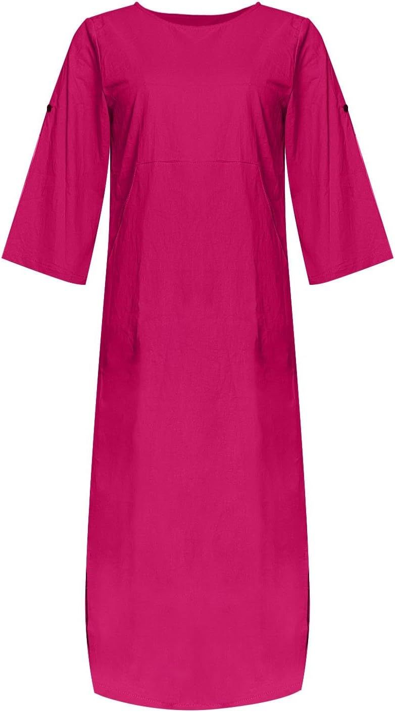 Women's Cotton and Linen Spring and Summer Fashion Solid Color Loose Casual Dress V Neck Dress