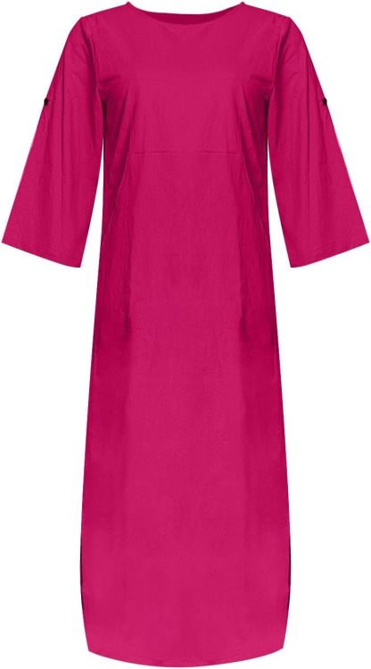 Women's Cotton and Linen Spring and Summer Fashion Solid Color Loose Casual Dress V Neck Dress