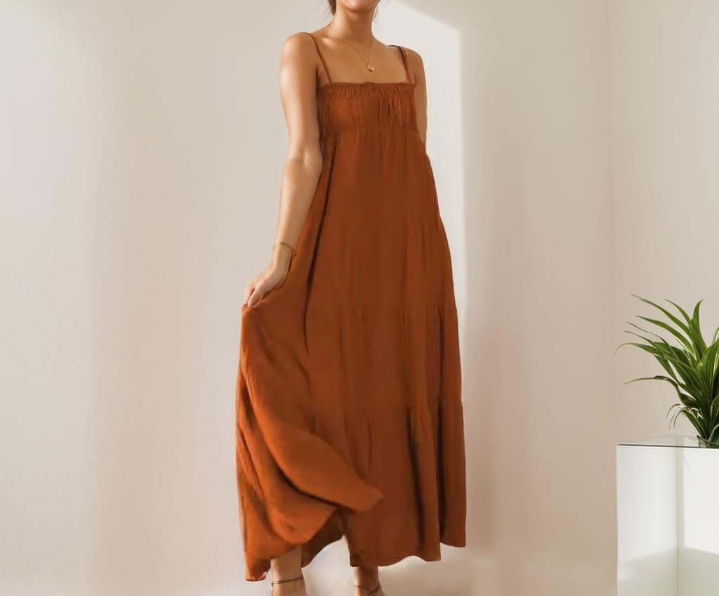 TIAFORD Women Sleeveless Spaghetti Strap Maxi Dress Summer Casual Boho Square Neck Tiered Pleated Sundress Flowy Beach Dress