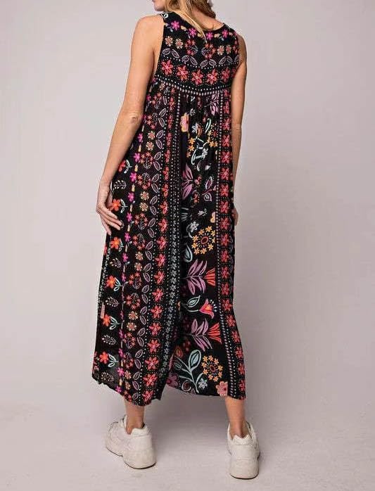 Women 2025 Summer Vintage Jumpsuit Patchwork Hippie Overalls Harem Wide Leg Pants One Piece Romper with Pocket