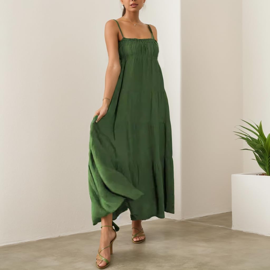 TIAFORD Women Sleeveless Spaghetti Strap Maxi Dress Summer Casual Boho Square Neck Tiered Pleated Sundress Flowy Beach Dress