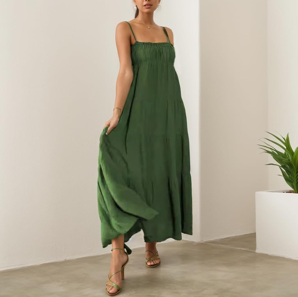 TIAFORD Women Sleeveless Spaghetti Strap Maxi Dress Summer Casual Boho Square Neck Tiered Pleated Sundress Flowy Beach Dress