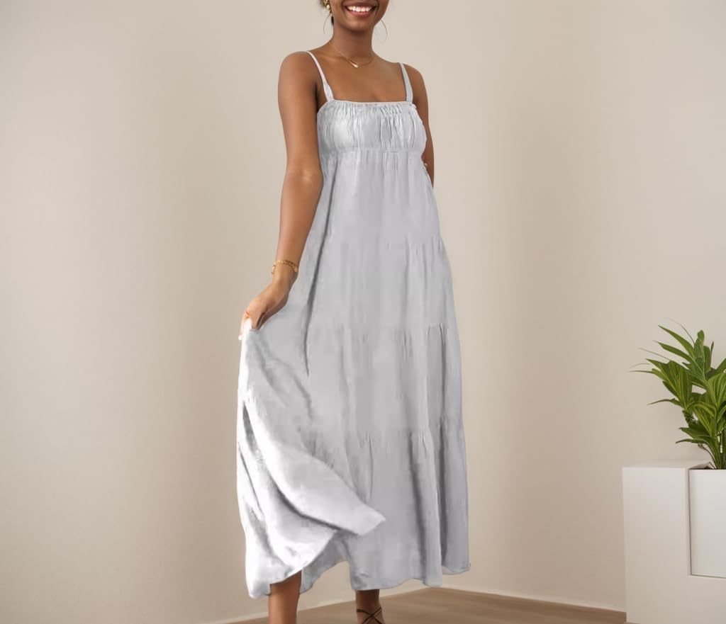 TIAFORD Women Sleeveless Spaghetti Strap Maxi Dress Summer Casual Boho Square Neck Tiered Pleated Sundress Flowy Beach Dress