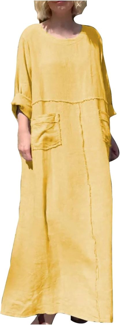 HGps8w Womens Cotton Linen Maxi Dress Loose Crewneck Long Sleeve Solid Long Dresses with Pockets Travel Vacation Outfits