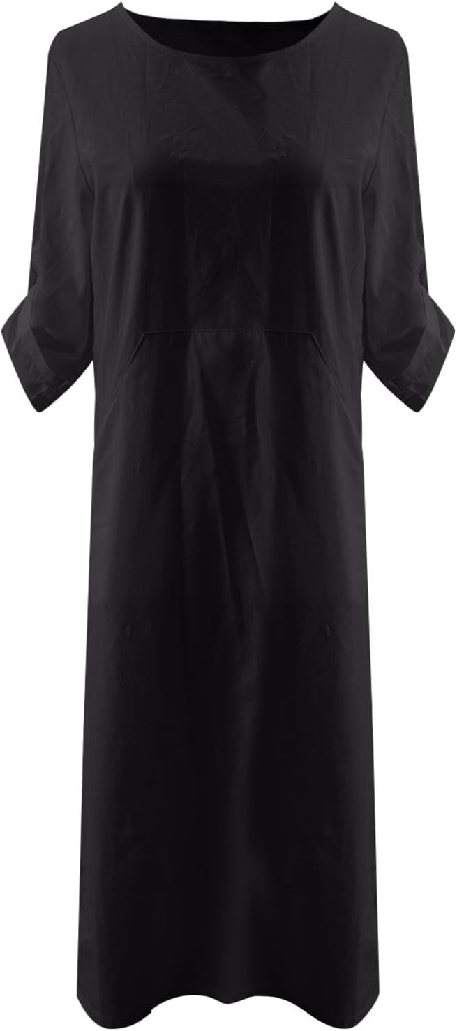 Women's Cotton and Linen Spring and Summer Fashion Solid Color Loose Casual Dress V Neck Dress