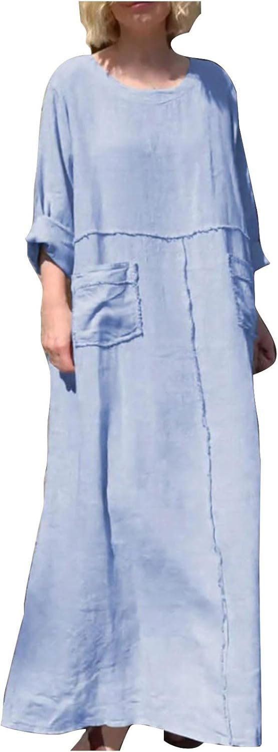 HGps8w Womens Cotton Linen Maxi Dress Loose Crewneck Long Sleeve Solid Long Dresses with Pockets Travel Vacation Outfits