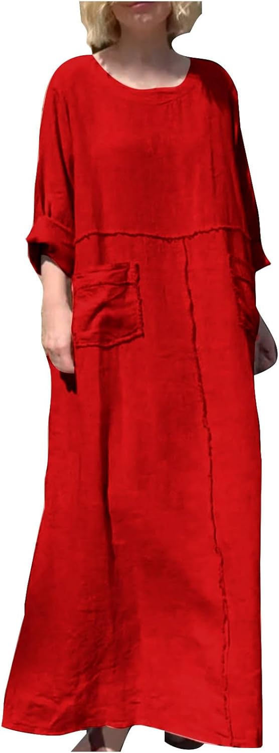 HGps8w Womens Cotton Linen Maxi Dress Loose Crewneck Long Sleeve Solid Long Dresses with Pockets Travel Vacation Outfits