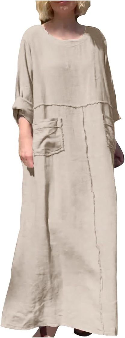 HGps8w Womens Cotton Linen Maxi Dress Loose Crewneck Long Sleeve Solid Long Dresses with Pockets Travel Vacation Outfits