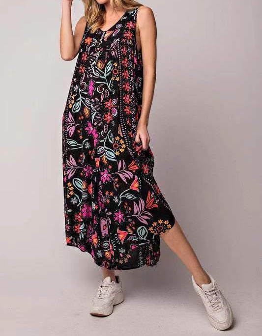 Women 2025 Summer Vintage Jumpsuit Patchwork Hippie Overalls Harem Wide Leg Pants One Piece Romper with Pocket