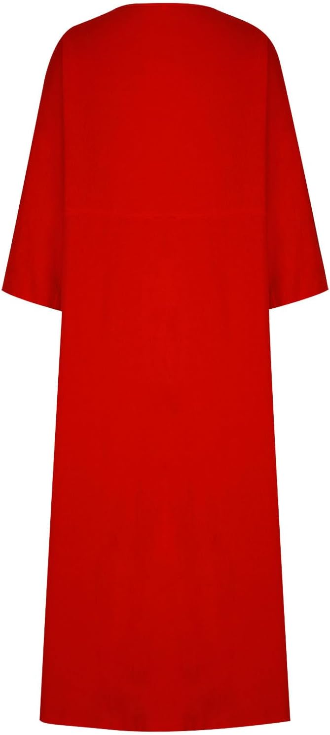 HGps8w Womens Cotton Linen Maxi Dress Loose Crewneck Long Sleeve Solid Long Dresses with Pockets Travel Vacation Outfits