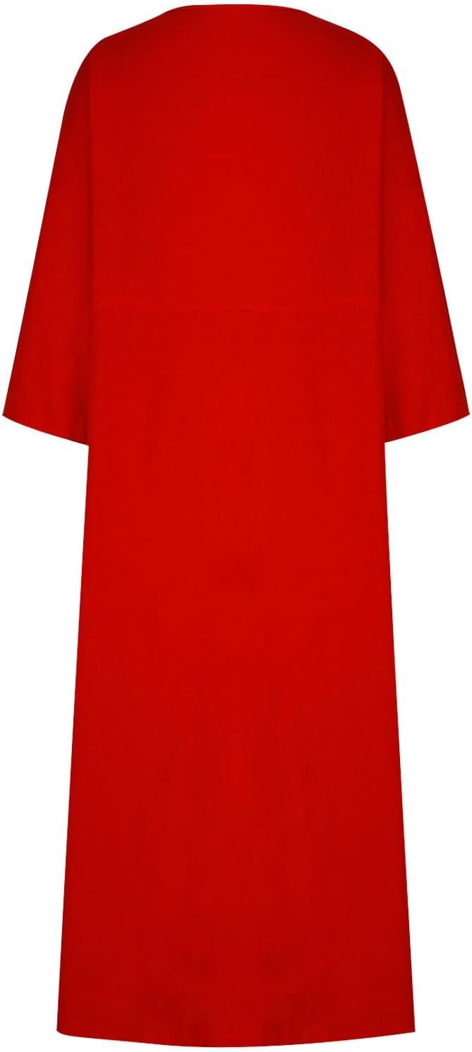 HGps8w Womens Cotton Linen Maxi Dress Loose Crewneck Long Sleeve Solid Long Dresses with Pockets Travel Vacation Outfits