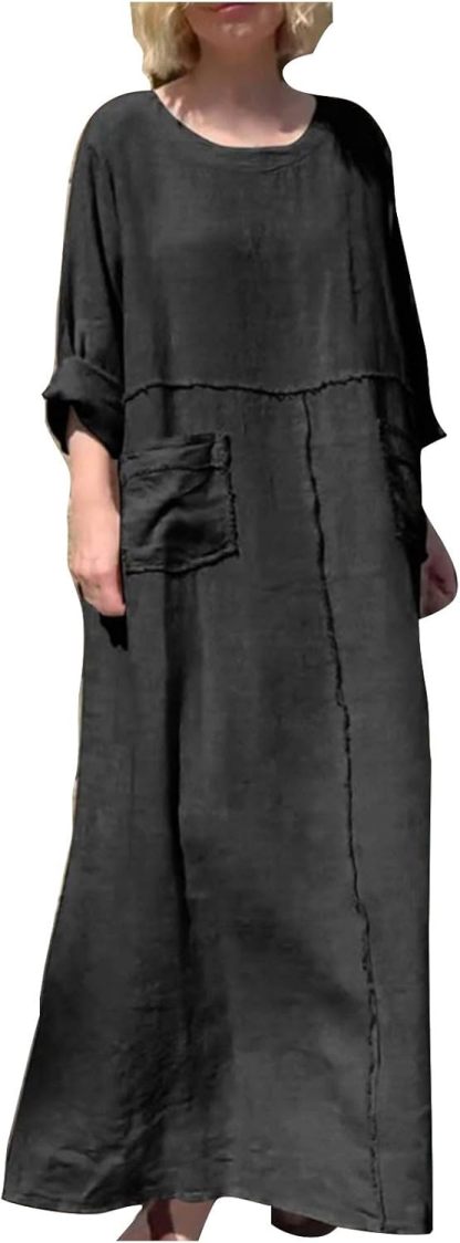 HGps8w Womens Cotton Linen Maxi Dress Loose Crewneck Long Sleeve Solid Long Dresses with Pockets Travel Vacation Outfits