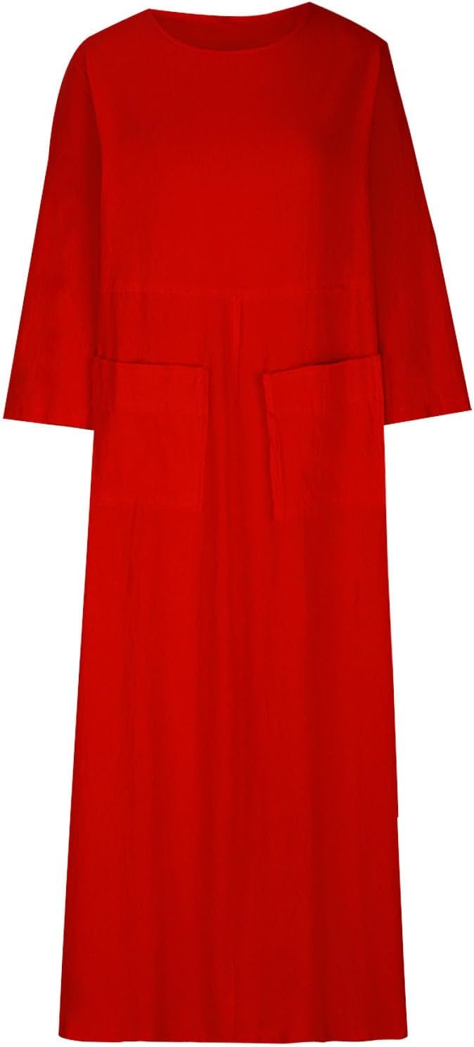 HGps8w Womens Cotton Linen Maxi Dress Loose Crewneck Long Sleeve Solid Long Dresses with Pockets Travel Vacation Outfits