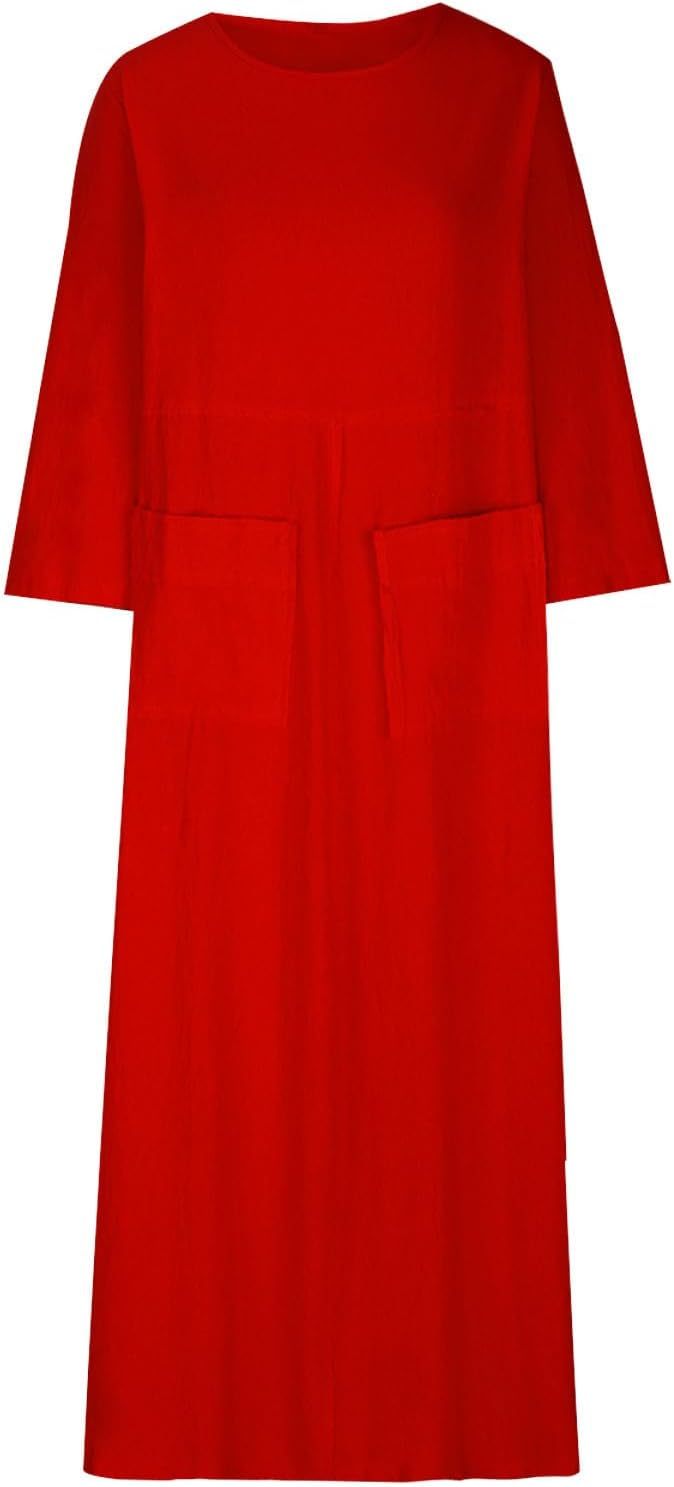HGps8w Womens Cotton Linen Maxi Dress Loose Crewneck Long Sleeve Solid Long Dresses with Pockets Travel Vacation Outfits