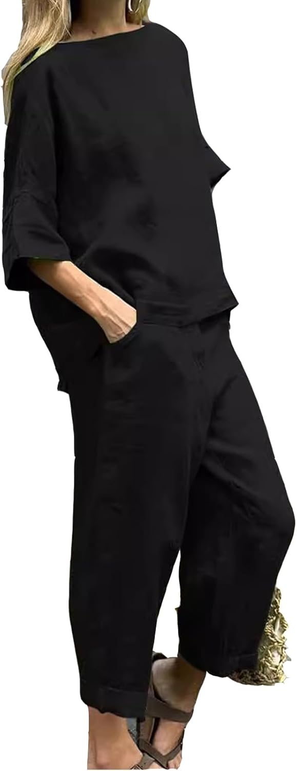 Womens 2 Piece Outfits, Cotton Linen Casual Lounge Sets, 3/4 Sleeve Tops And Elastic Waist Pants, Streetwear
