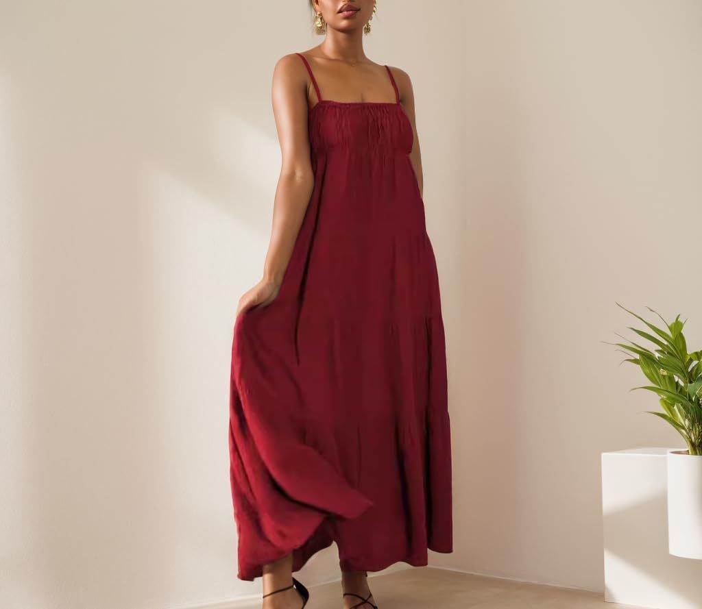 TIAFORD Women Sleeveless Spaghetti Strap Maxi Dress Summer Casual Boho Square Neck Tiered Pleated Sundress Flowy Beach Dress