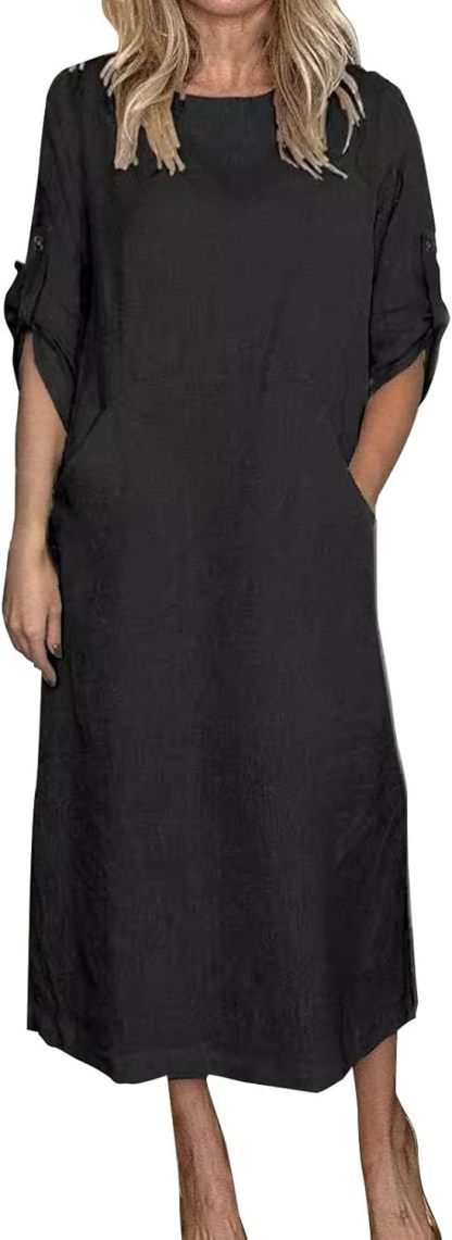 Women's Cotton and Linen Spring and Summer Fashion Solid Color Loose Casual Dress V Neck Dress