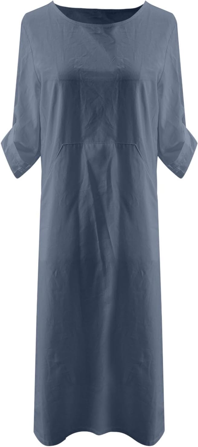 Women's Cotton and Linen Spring and Summer Fashion Solid Color Loose Casual Dress V Neck Dress