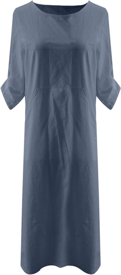 Women's Cotton and Linen Spring and Summer Fashion Solid Color Loose Casual Dress V Neck Dress