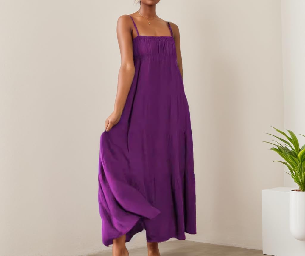 TIAFORD Women Sleeveless Spaghetti Strap Maxi Dress Summer Casual Boho Square Neck Tiered Pleated Sundress Flowy Beach Dress
