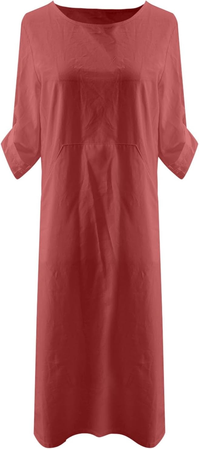 Women's Cotton and Linen Spring and Summer Fashion Solid Color Loose Casual Dress V Neck Dress