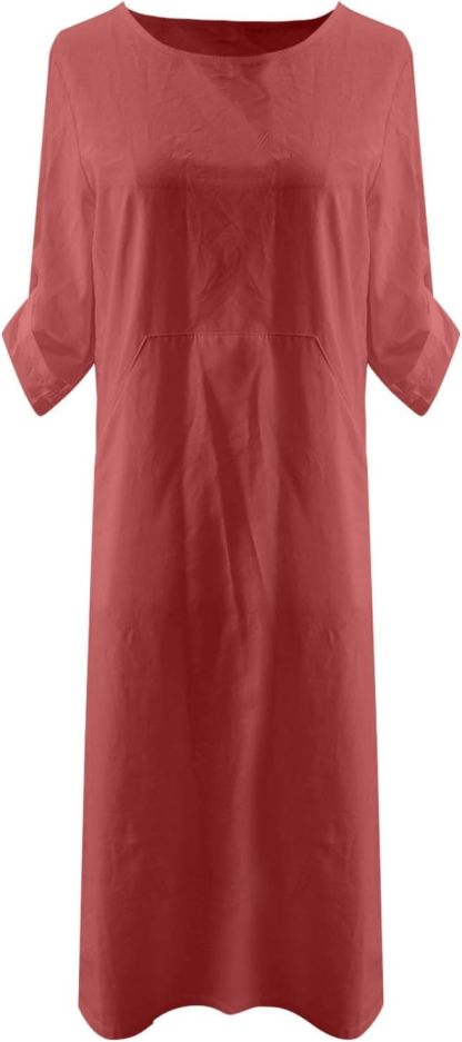 Women's Cotton and Linen Spring and Summer Fashion Solid Color Loose Casual Dress V Neck Dress