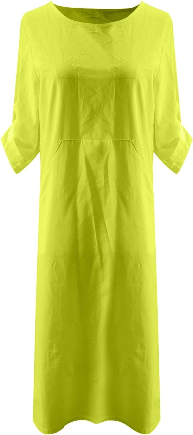 Women's Cotton and Linen Spring and Summer Fashion Solid Color Loose Casual Dress V Neck Dress