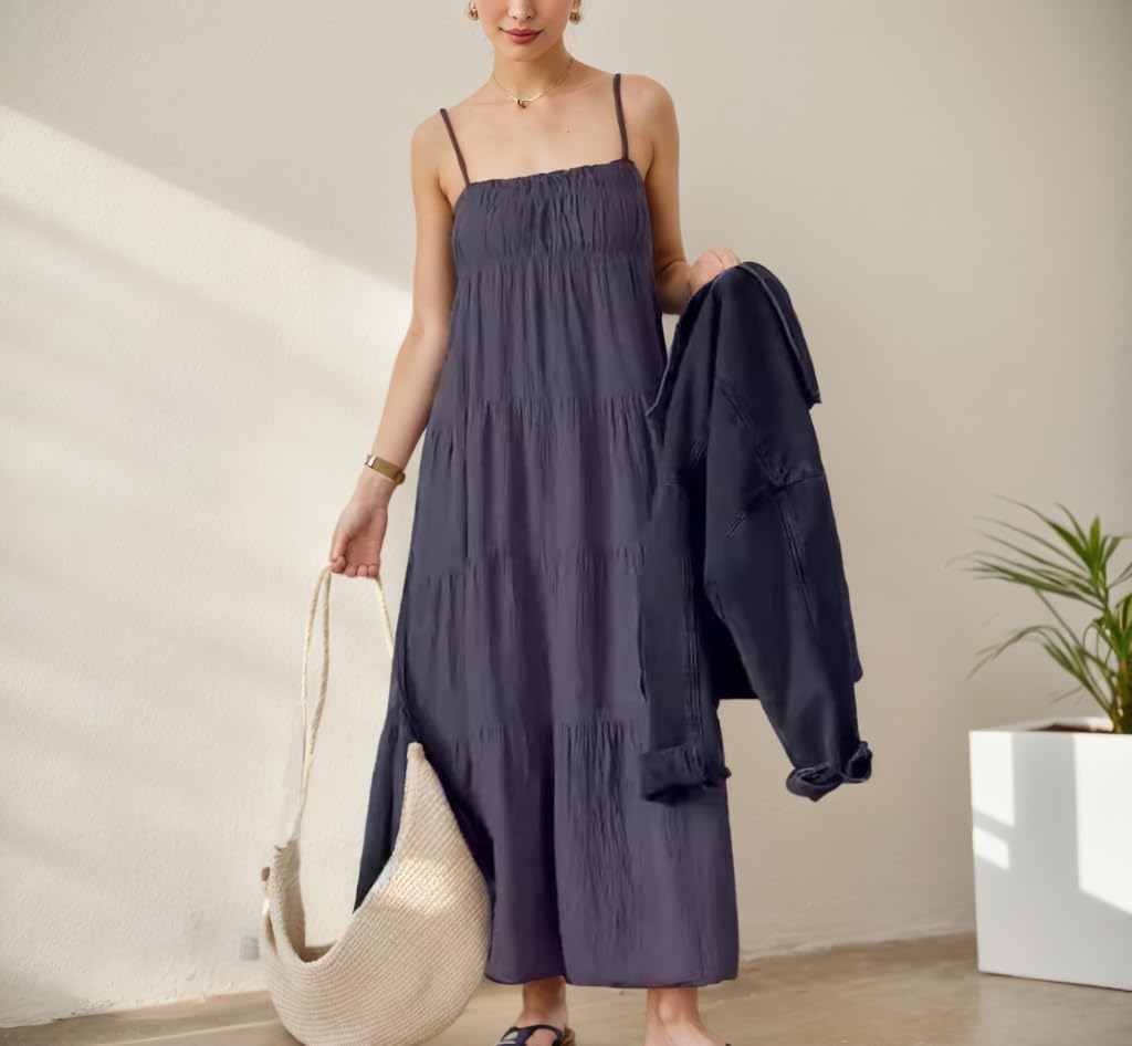 TIAFORD Women Sleeveless Spaghetti Strap Maxi Dress Summer Casual Boho Square Neck Tiered Pleated Sundress Flowy Beach Dress