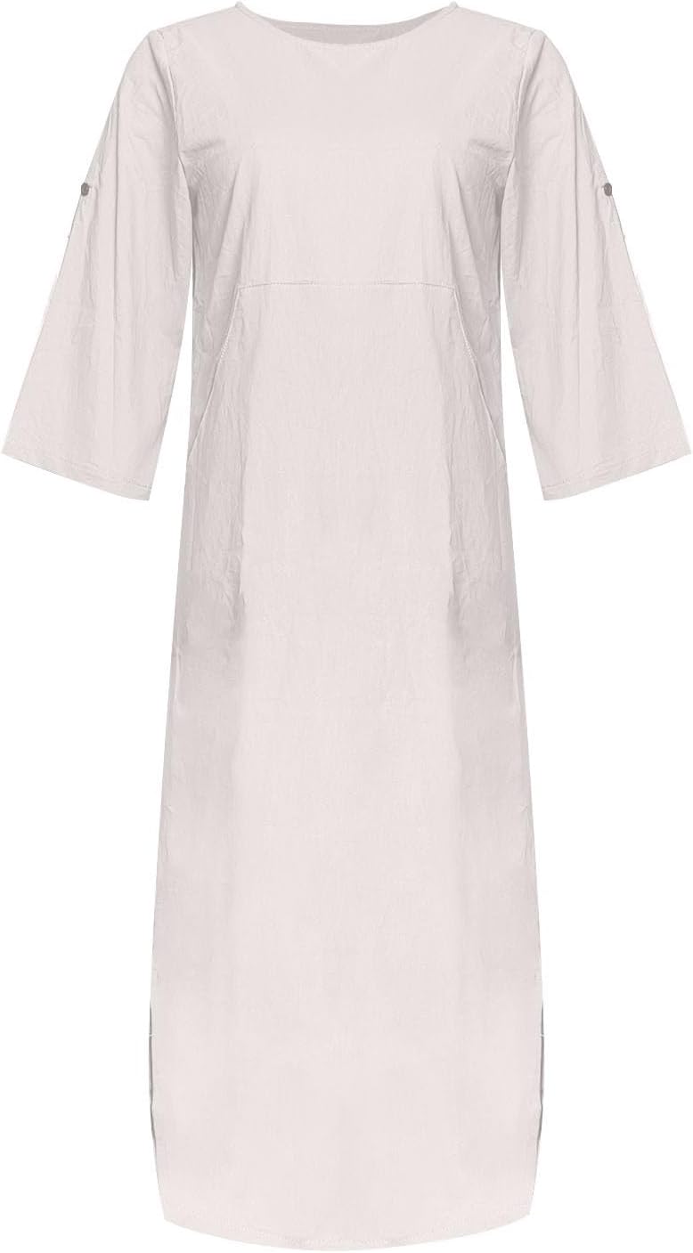 Women's Cotton and Linen Spring and Summer Fashion Solid Color Loose Casual Dress V Neck Dress