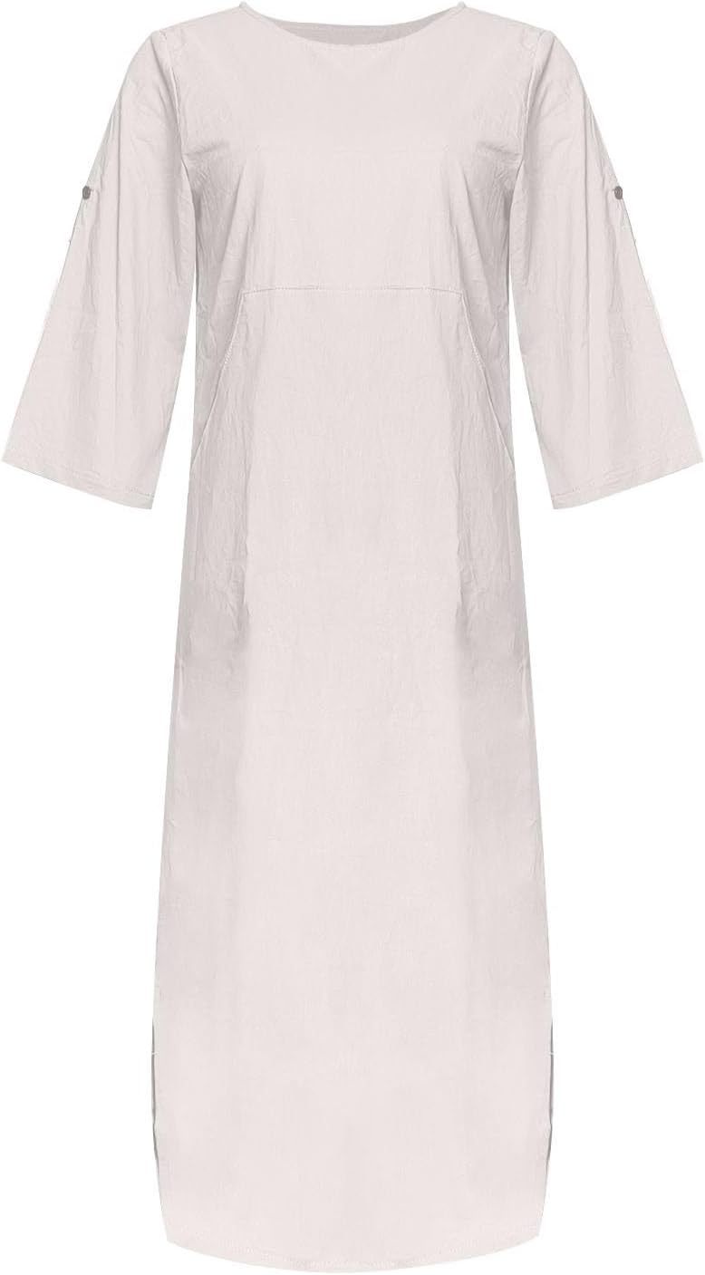 Women's Cotton and Linen Spring and Summer Fashion Solid Color Loose Casual Dress V Neck Dress
