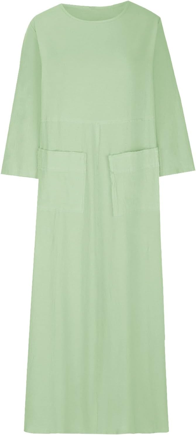 HGps8w Womens Cotton Linen Maxi Dress Loose Crewneck Long Sleeve Solid Long Dresses with Pockets Travel Vacation Outfits