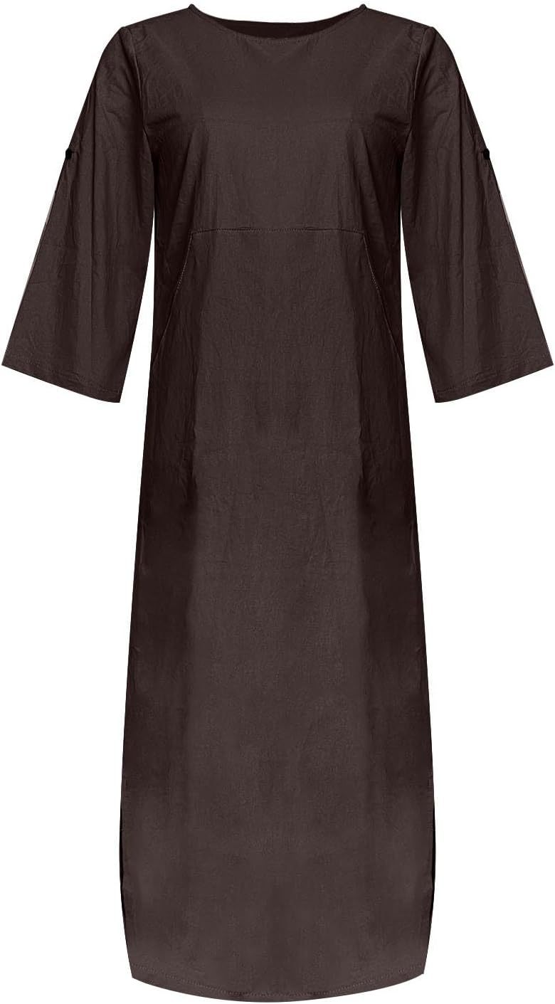Women's Cotton and Linen Spring and Summer Fashion Solid Color Loose Casual Dress V Neck Dress