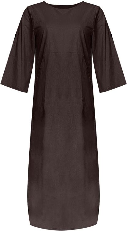Women's Cotton and Linen Spring and Summer Fashion Solid Color Loose Casual Dress V Neck Dress