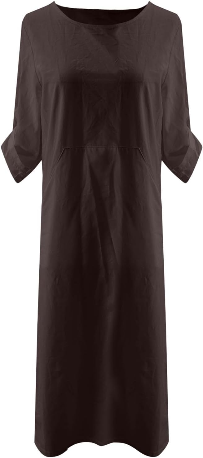 Women's Cotton and Linen Spring and Summer Fashion Solid Color Loose Casual Dress V Neck Dress