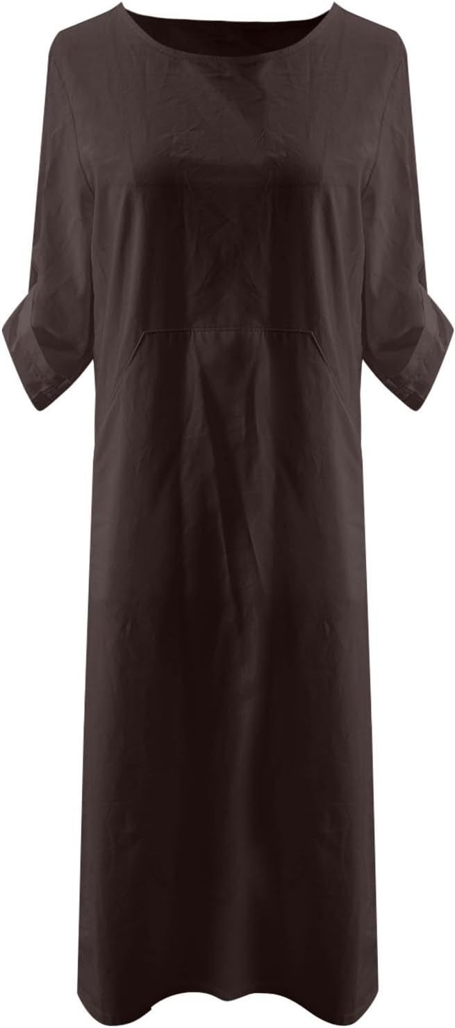 Women's Cotton and Linen Spring and Summer Fashion Solid Color Loose Casual Dress V Neck Dress