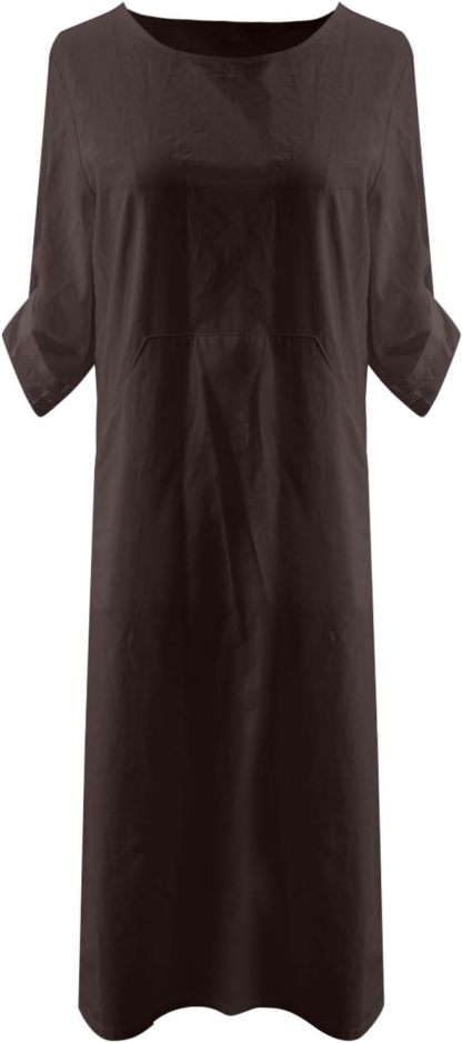 Women's Cotton and Linen Spring and Summer Fashion Solid Color Loose Casual Dress V Neck Dress