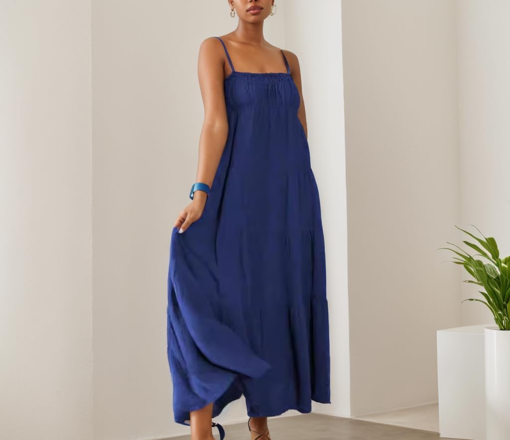 TIAFORD Women Sleeveless Spaghetti Strap Maxi Dress Summer Casual Boho Square Neck Tiered Pleated Sundress Flowy Beach Dress
