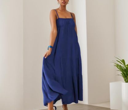 TIAFORD Women Sleeveless Spaghetti Strap Maxi Dress Summer Casual Boho Square Neck Tiered Pleated Sundress Flowy Beach Dress