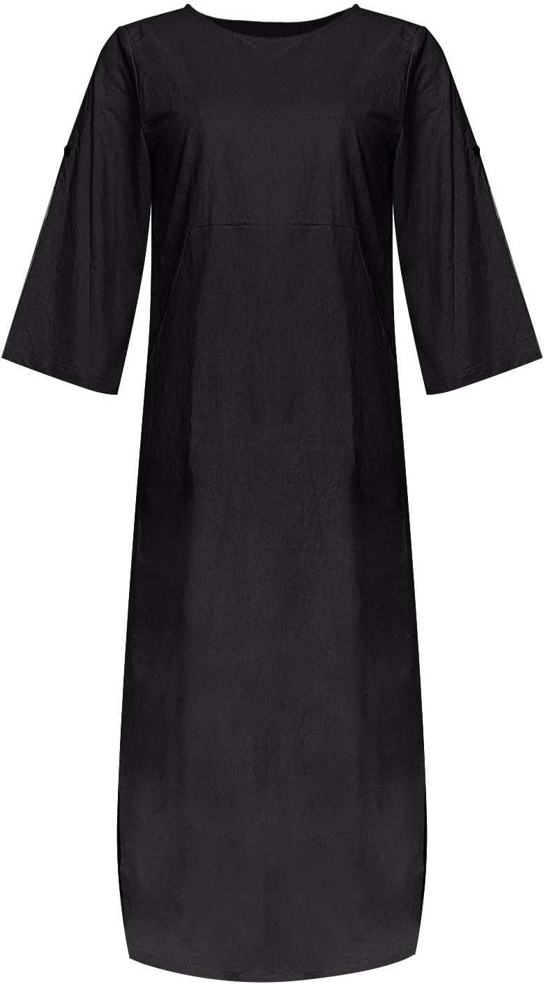 Women's Cotton and Linen Spring and Summer Fashion Solid Color Loose Casual Dress V Neck Dress