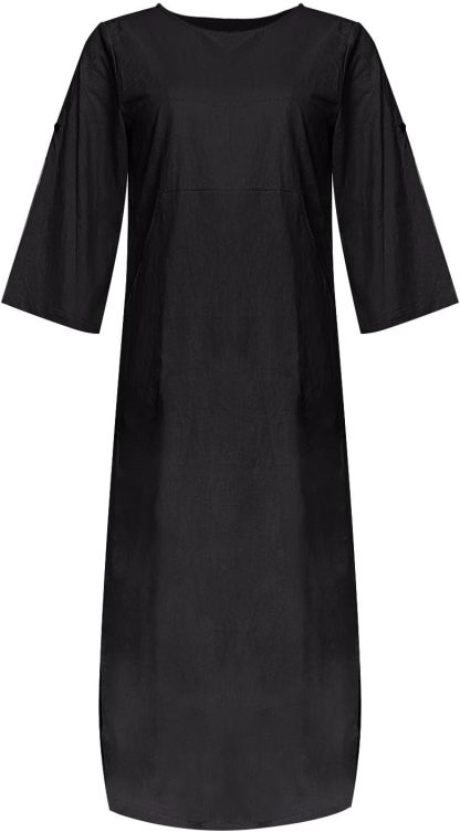 Women's Cotton and Linen Spring and Summer Fashion Solid Color Loose Casual Dress V Neck Dress