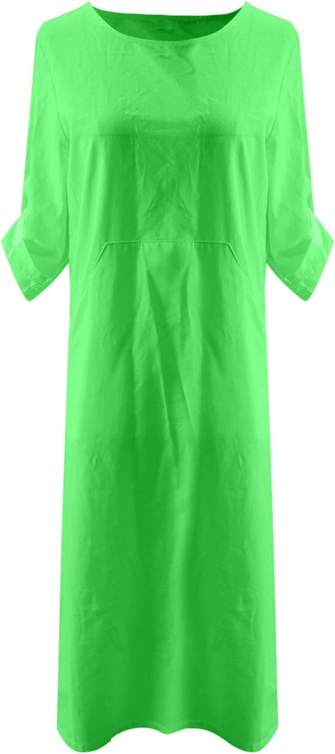 Women's Cotton and Linen Spring and Summer Fashion Solid Color Loose Casual Dress V Neck Dress